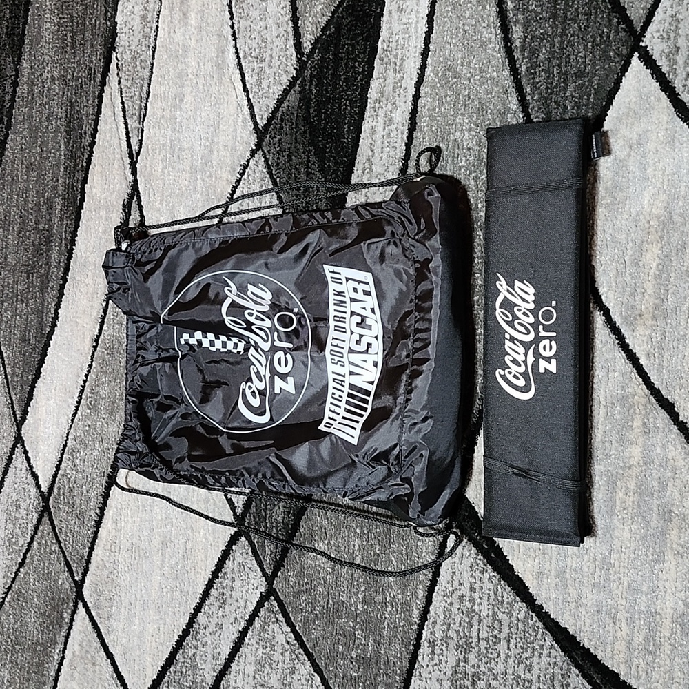VINTAGE NASCAR COCA-COLA ZERO DRAWSTRING COOLER BACKPACK FOLD STADIUM SEAT CUSHI